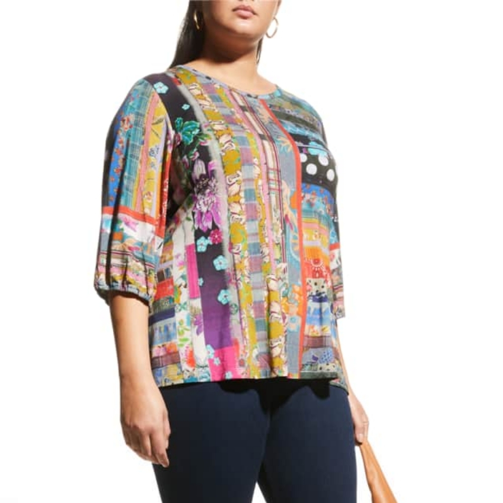 EUC Johnny Was Plus Size Sonnet Patchwork Puff Sleeve Blouse Size 2X